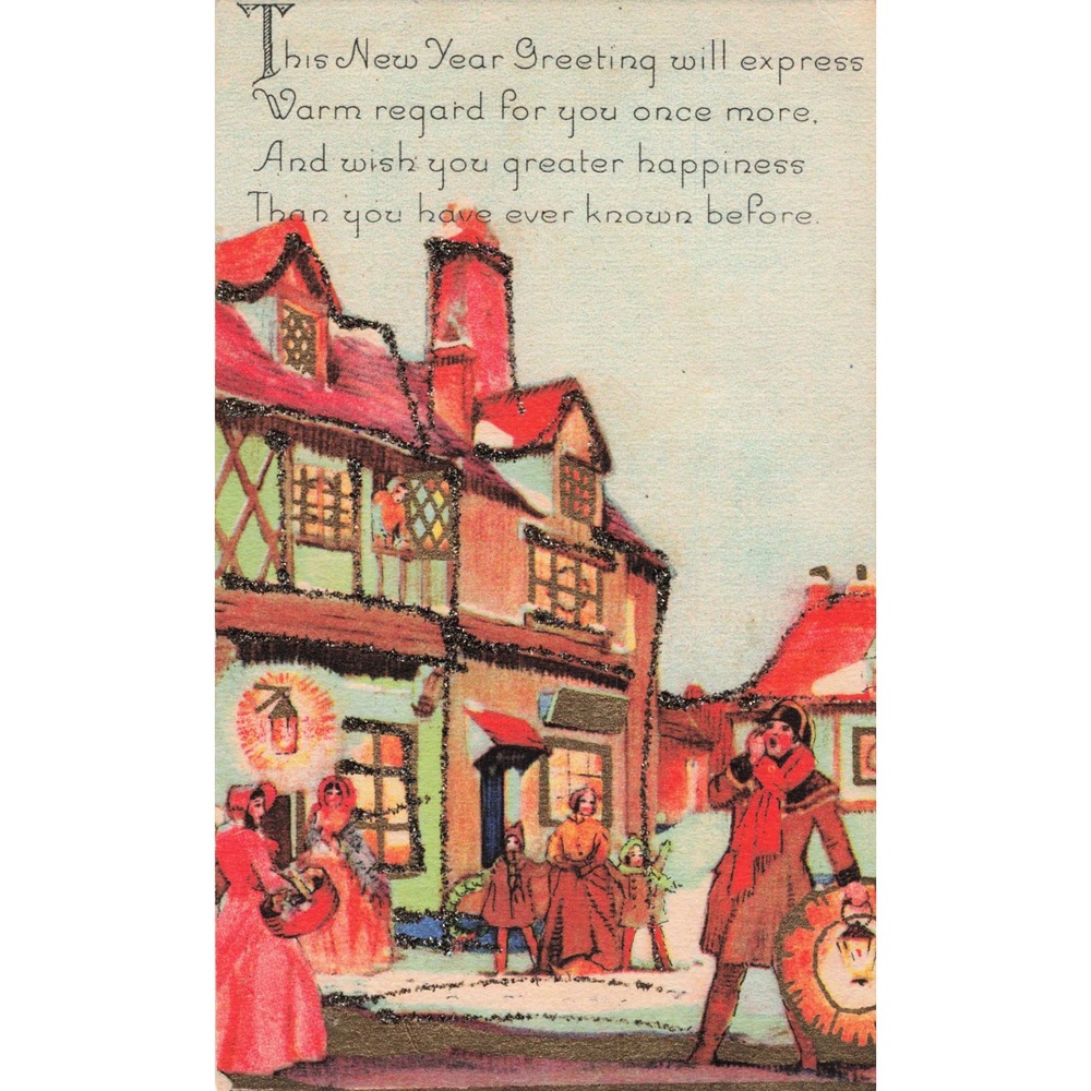 New Year Postcard Winter Village Scene Victorian Figures Glitter Accents c1910